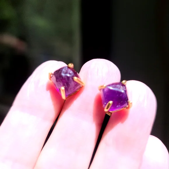 Amethyst Pyramid nugget earrings sterling &gold - Picture 3 of 8